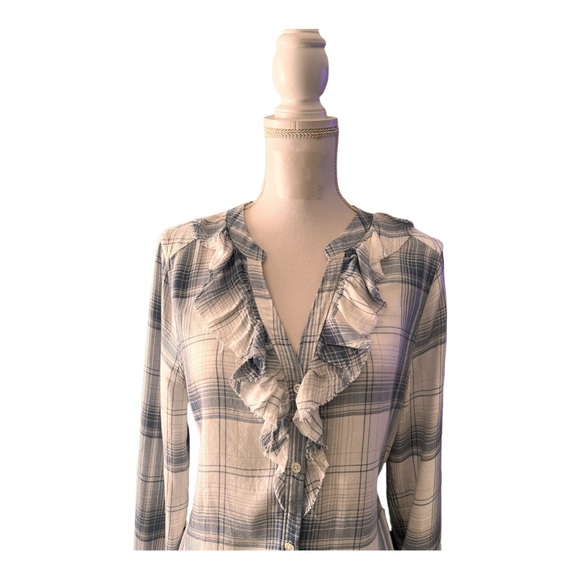 Paige Plaid Shirt Button Up  Distressed Ruffle Collar Festival Semi Sheer Size M - Picture 7 of 9